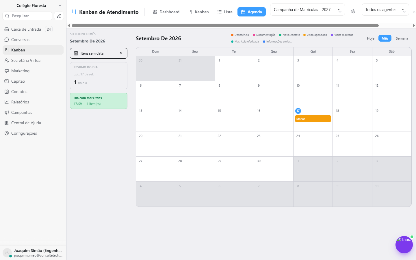 Agenda do funil de matrículas com a visita marcada para 17 de setembro